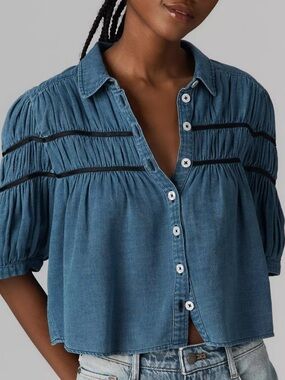 Anthropologie Blue Button-Front Cropped Peasant Top